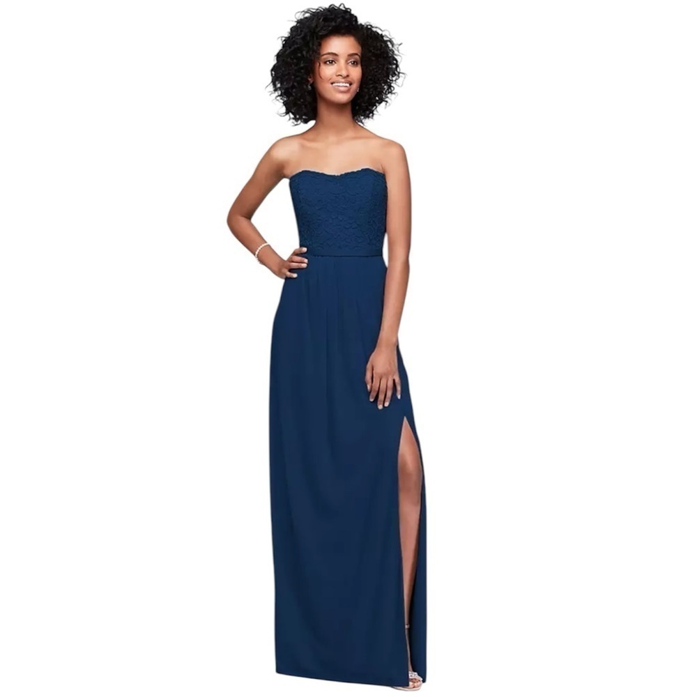 David’s Bridal Lace and Mesh Long Strapless Dress In Marine Navy Blue size 2